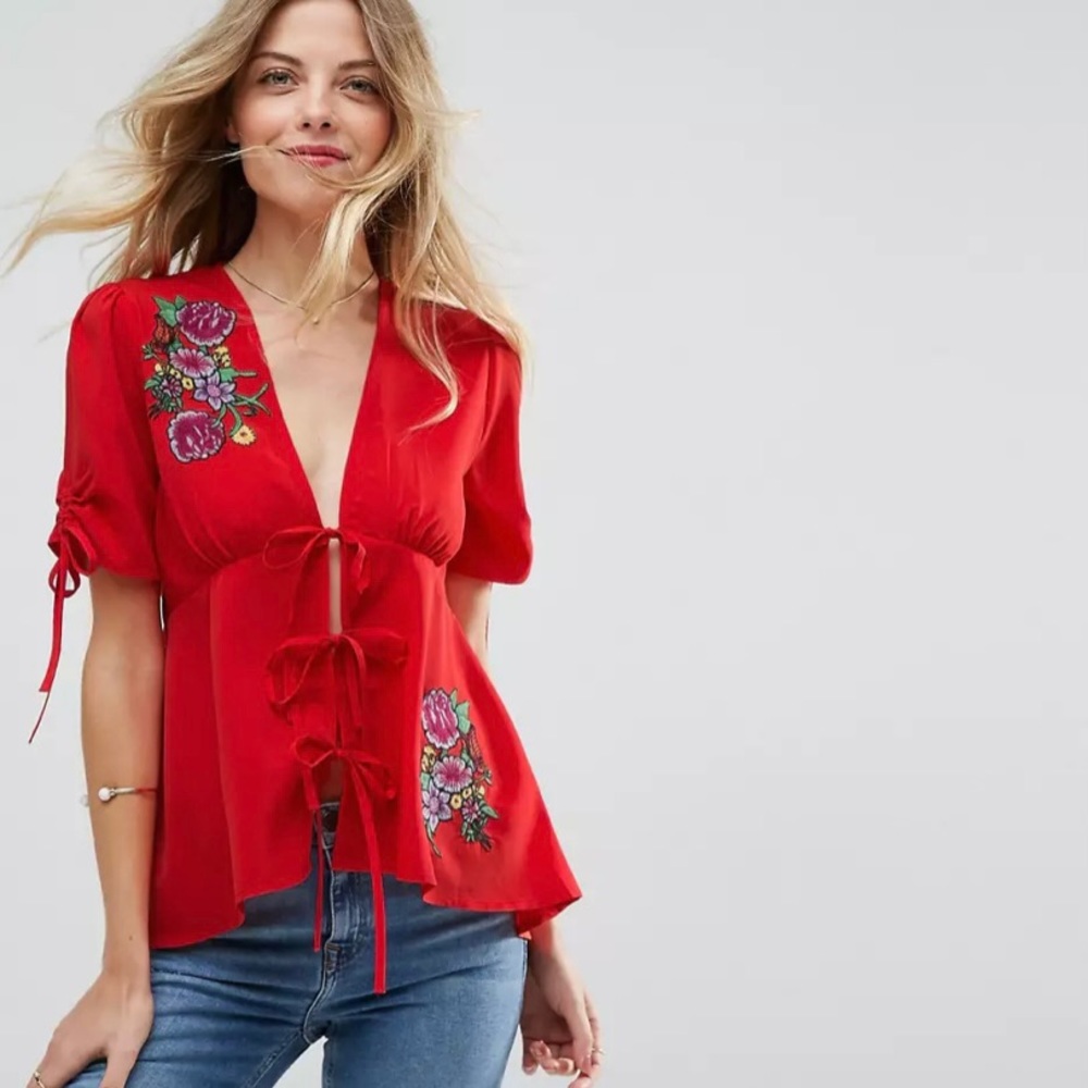 ASOS Embroidered Blouse with Tie Front